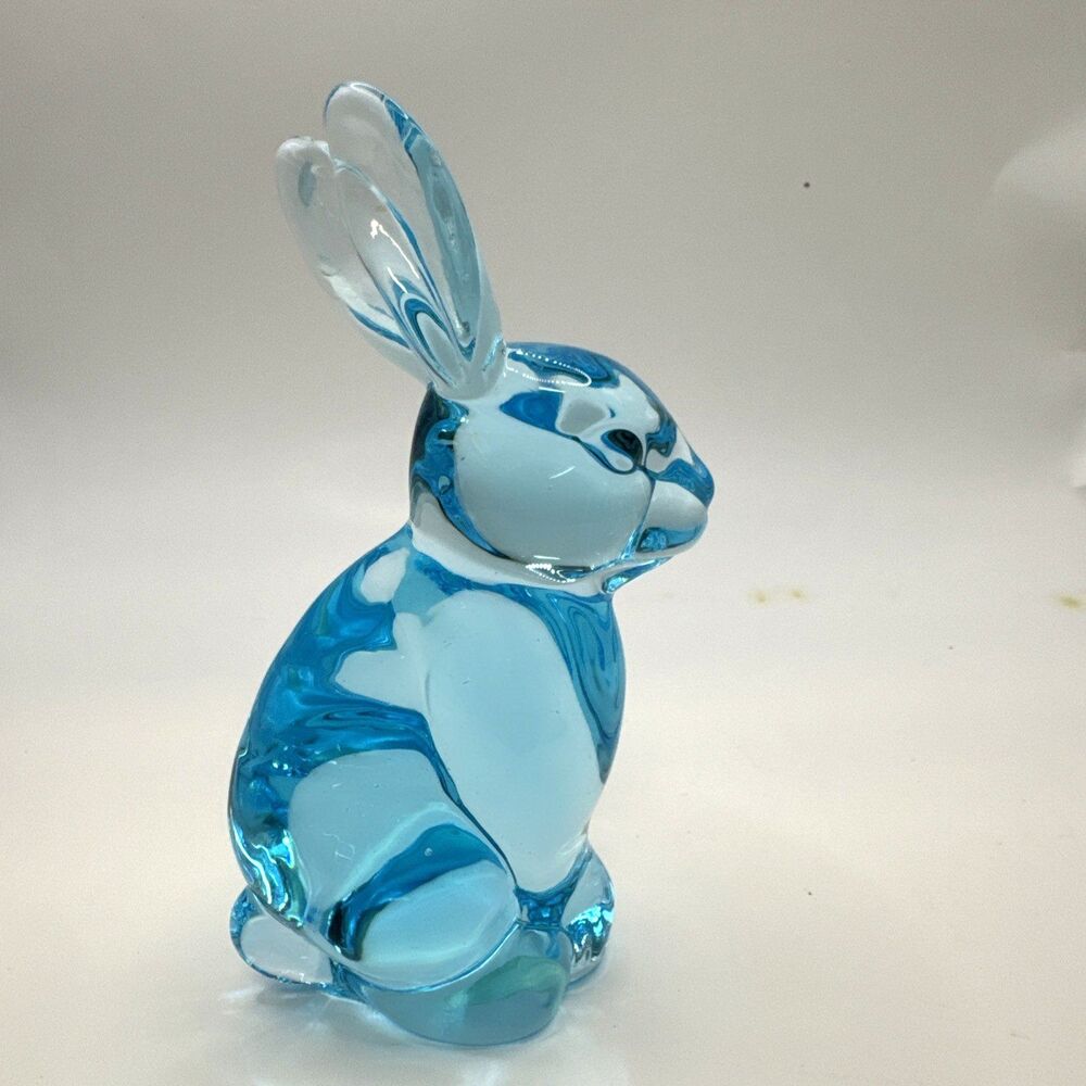 Blue Art Glass Bunny Rabbit Figurine Paperweight Hand Blown Silvestri  5.5 in